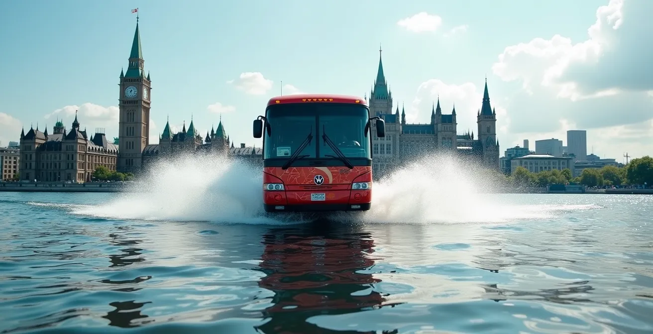 Amphibious bus splashing into Ottawa River with Parliament Buildings visible from water perspective