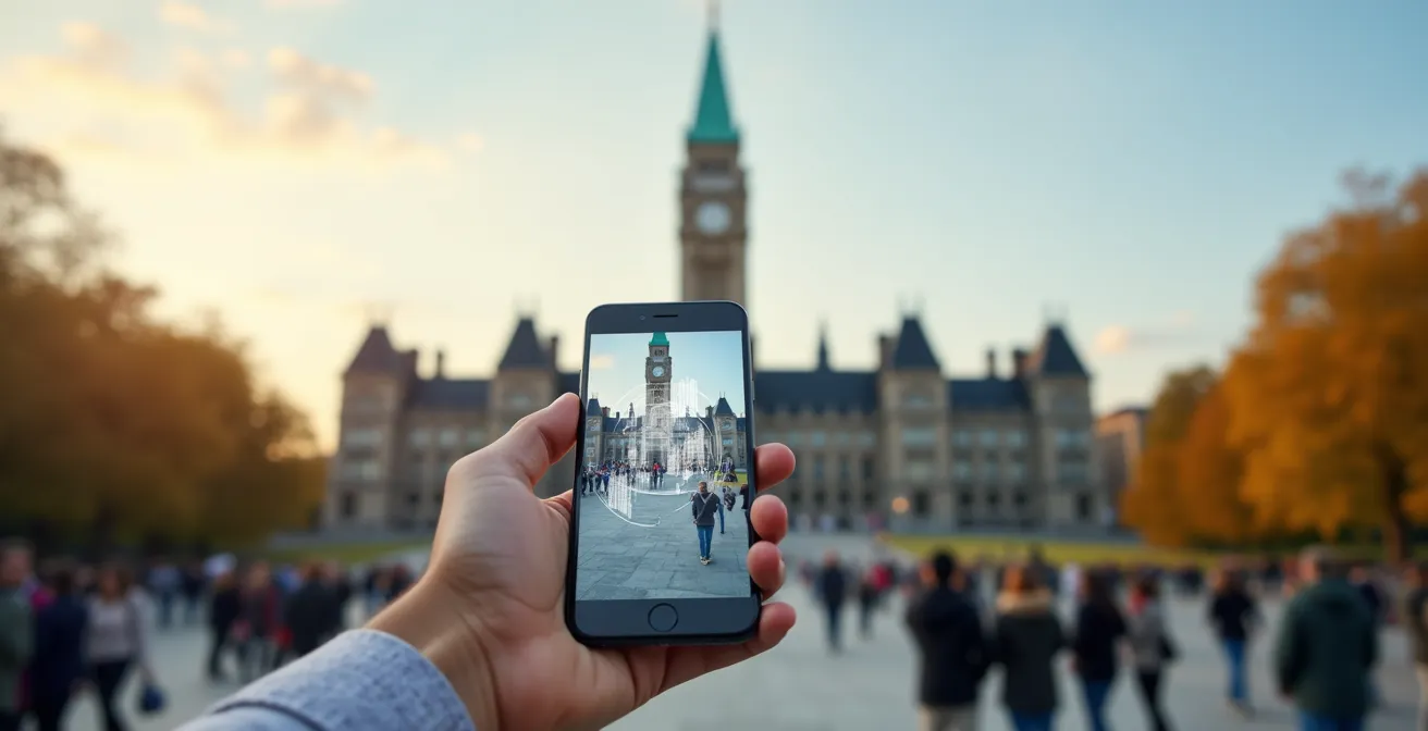 Hand holding smartphone showing AR historical building overlay at Parliament Hill