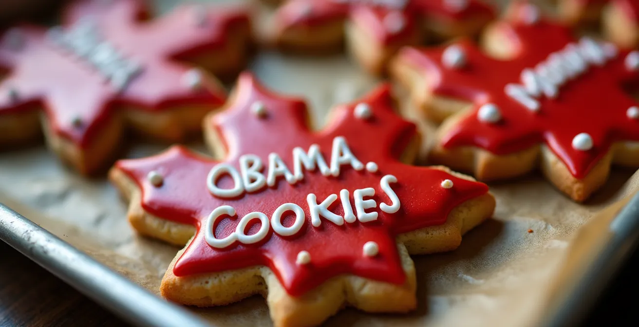 Close-up of maple leaf-shaped red and white cookies in bakery display case