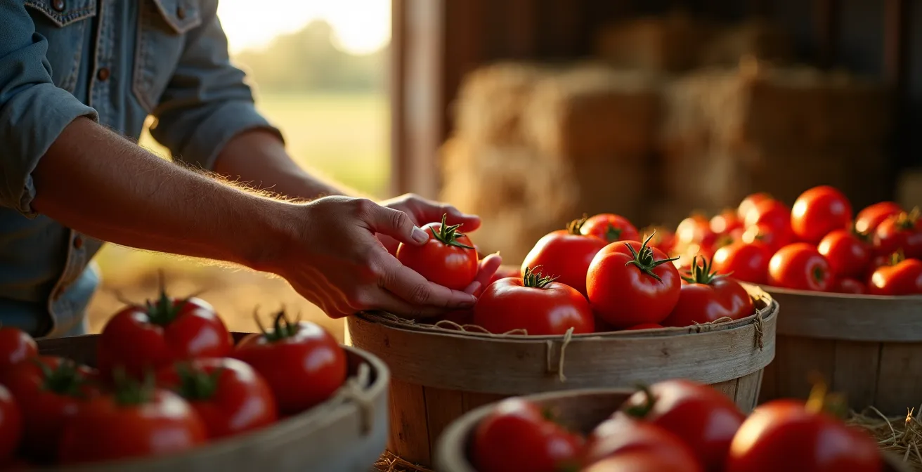 Wooden bushel baskets filled with Roma and heirloom tomatoes ready for canning