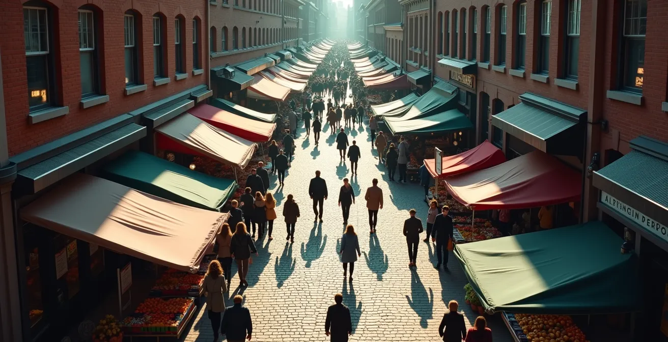Aerial view of market streets showing alternative entrances and pathways