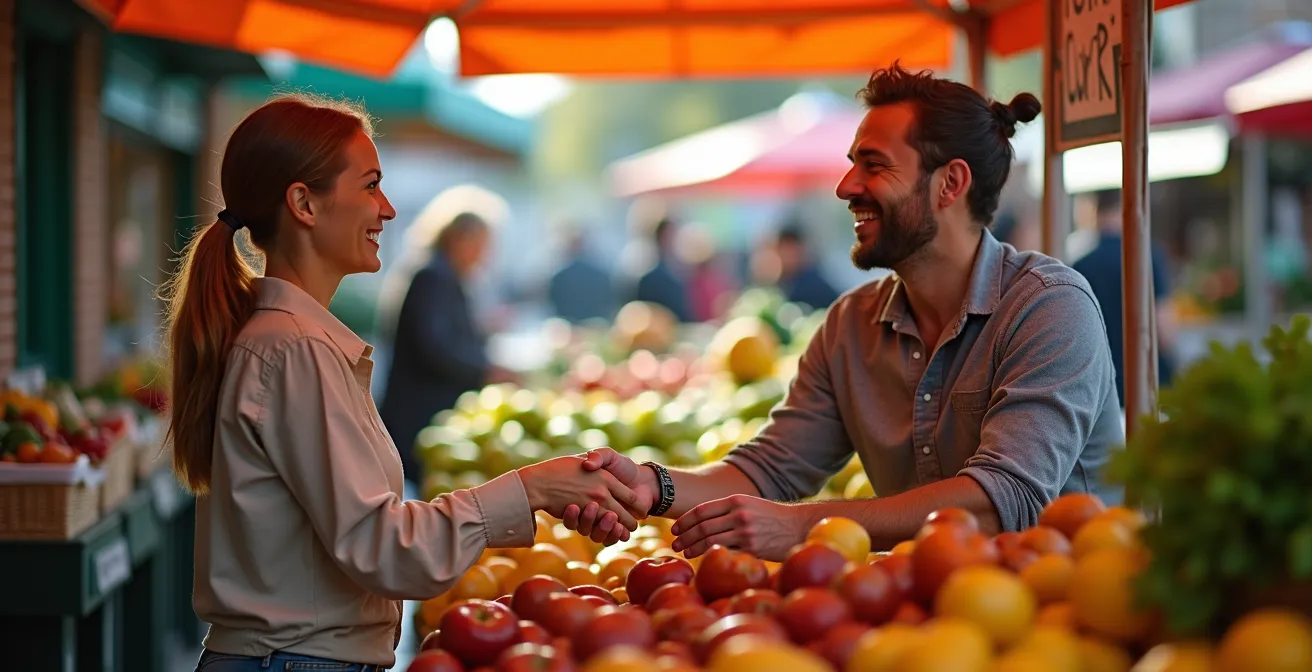 Close-up of friendly shopkeeper interaction at ByWard Market produce stand
