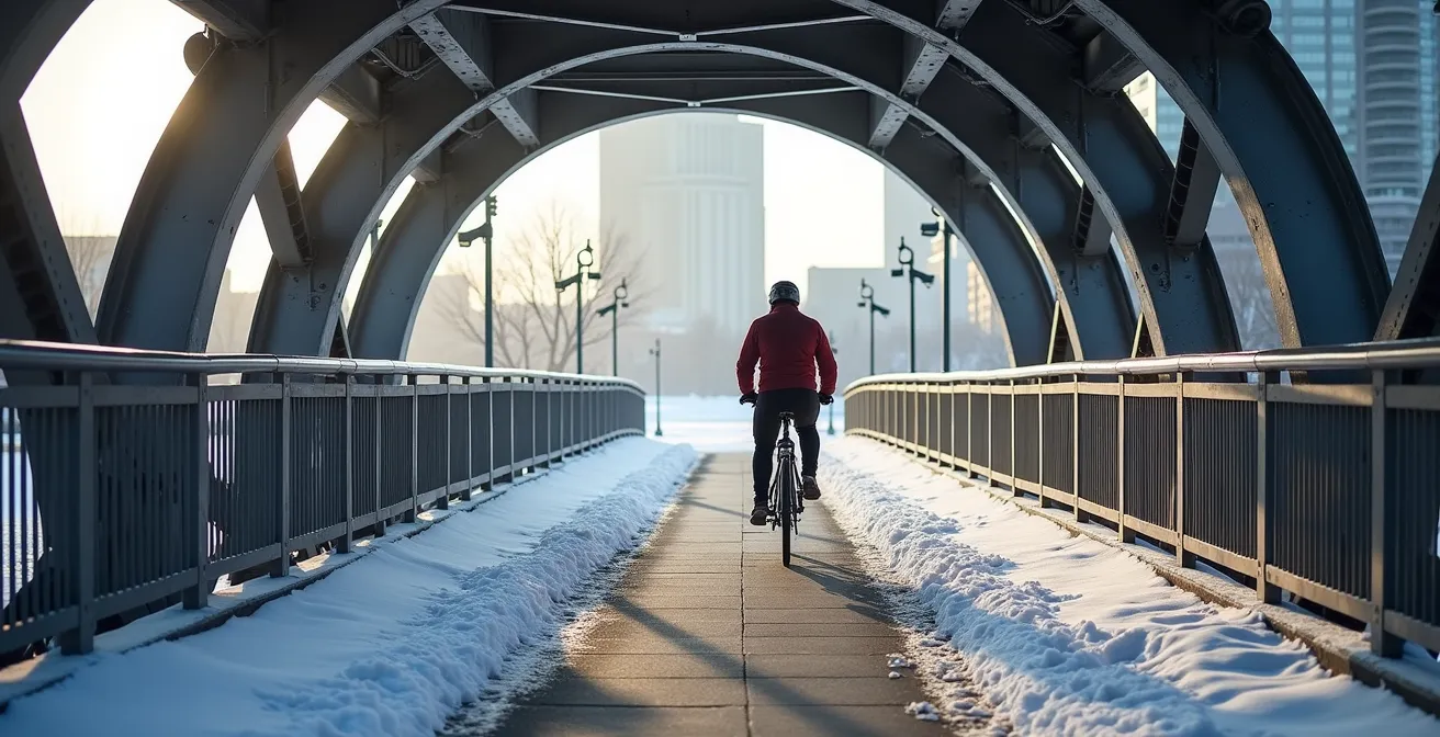 Cyclist crossing the covered Corktown Footbridge in winter conditions