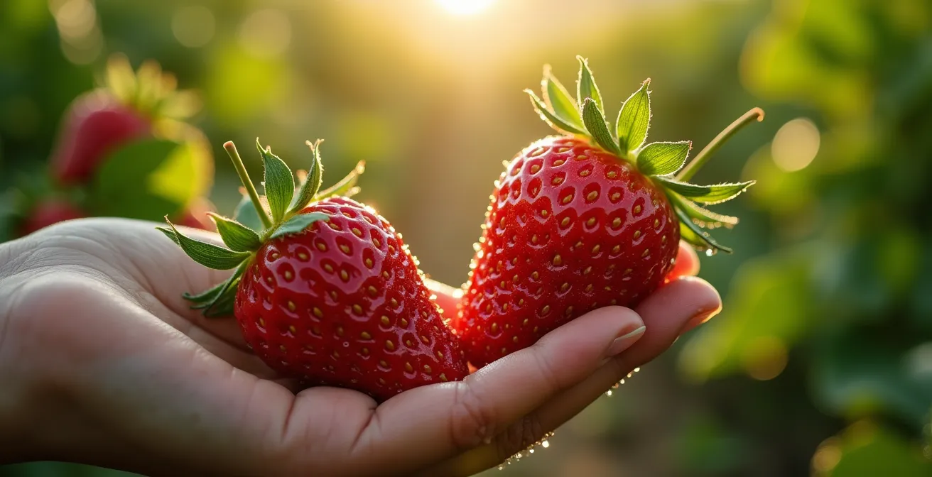 Close-up of fresh strawberries in morning dew at Ottawa Valley farm