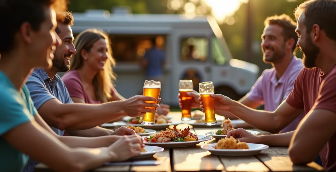 Food truck parked outside Ottawa brewery patio with diners enjoying craft beer and food pairings