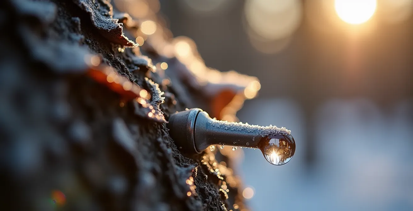 Extreme close-up of maple tree tap with crystalline ice formations melting into sap droplets