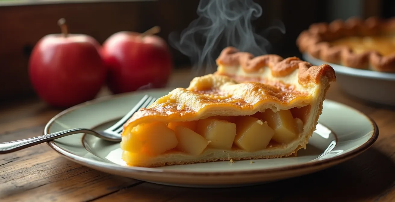 Golden apple pie slice with flaky crust on rustic wooden surface