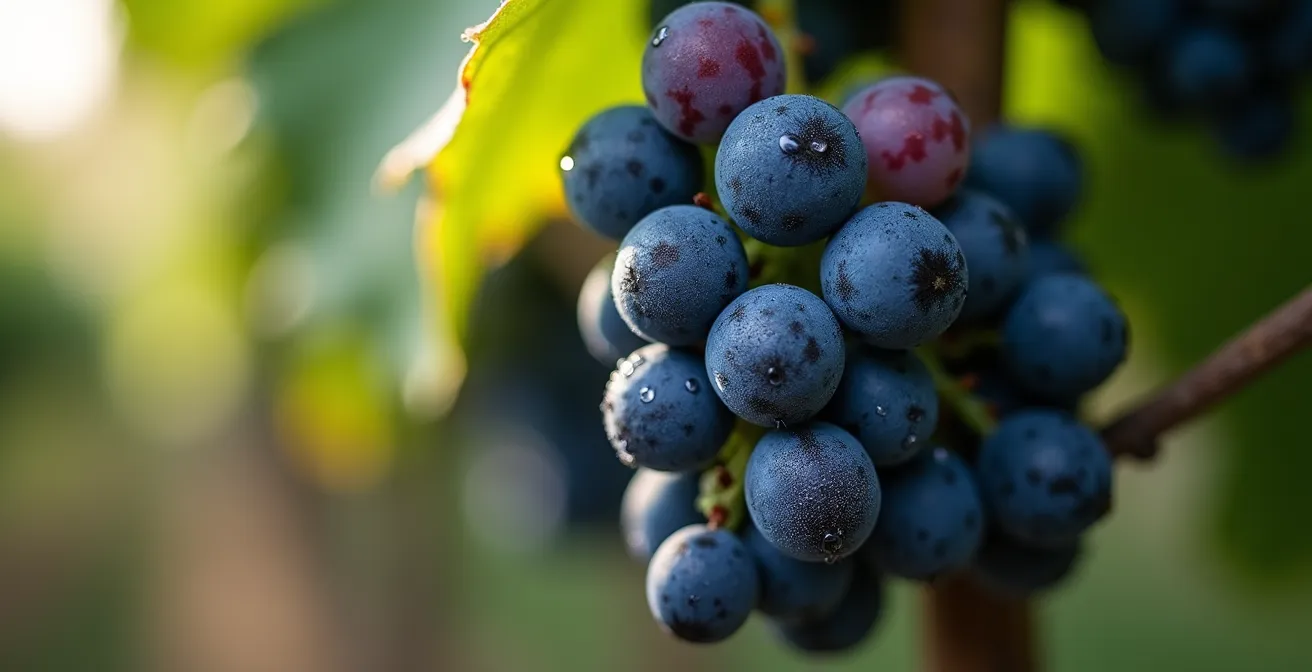 Extreme close-up of deep purple Frontenac grape clusters on the vine with morning dew