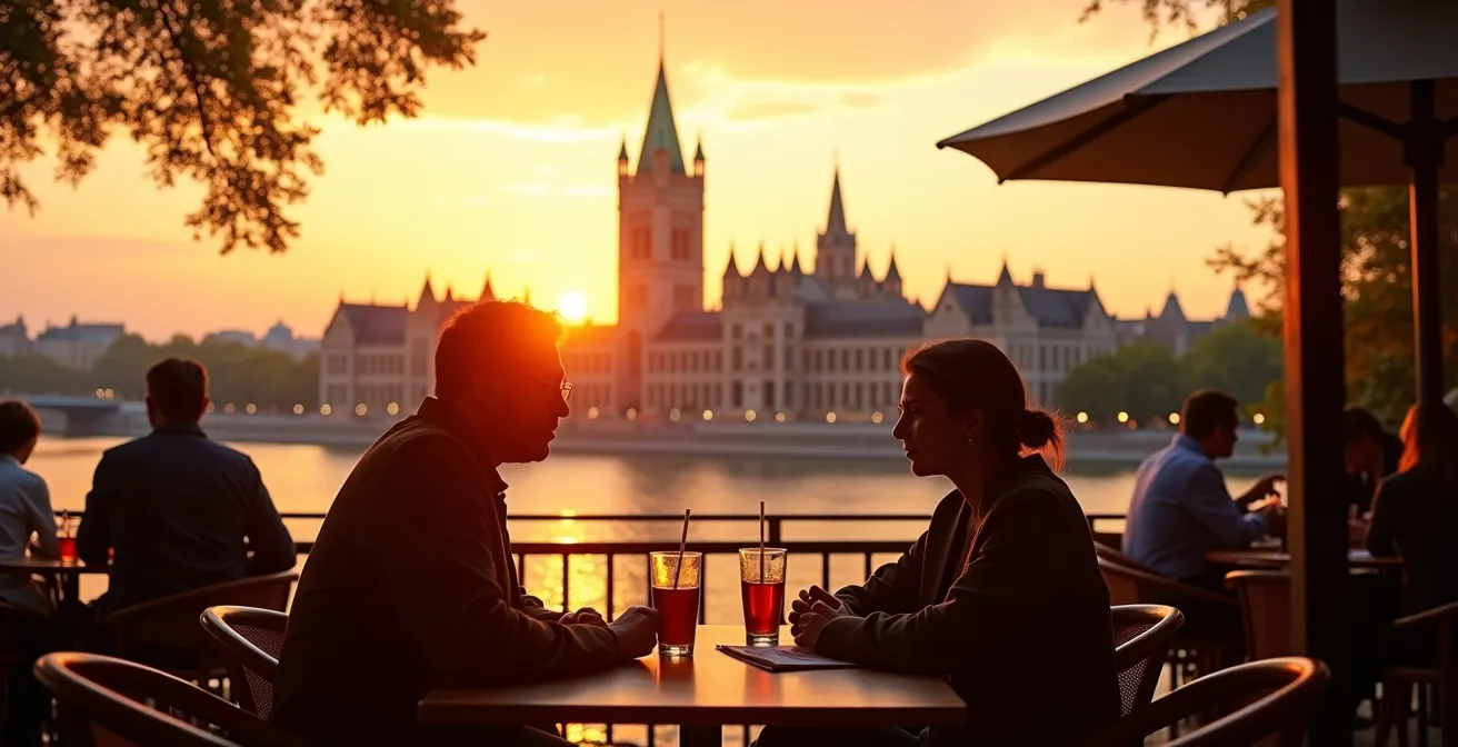 A breathtaking sunset view of Parliament Hill from the terrace of the National Gallery of Canada's cafe during golden hour.