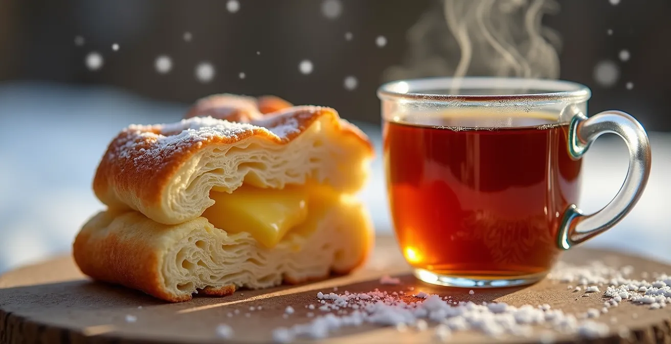 A savory garlic butter BeaverTail paired with steaming Earl Grey tea on a winter day