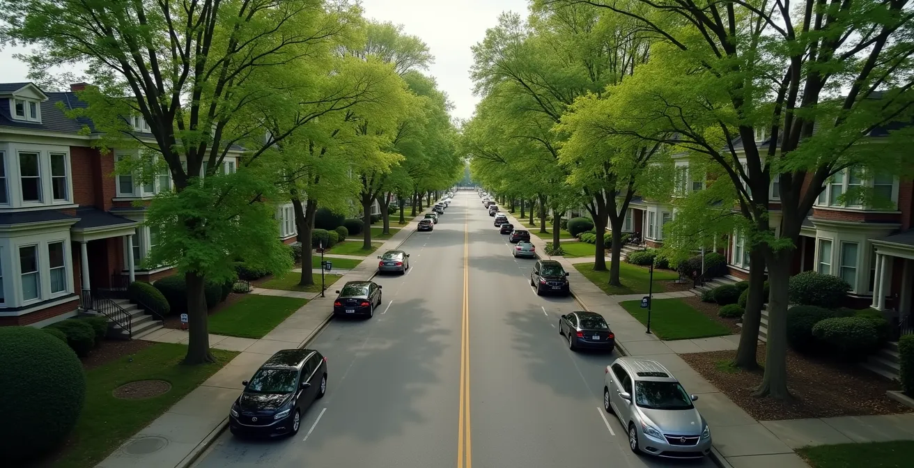 Aerial view of tree-lined Glebe streets with available parking spaces near Lansdowne
