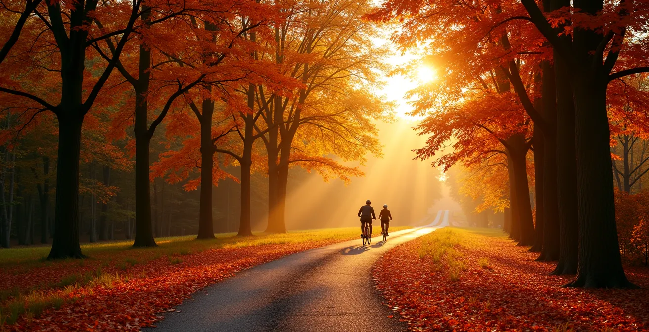 Wide landscape view of autumn maple forest with golden sunlight filtering through colorful leaves