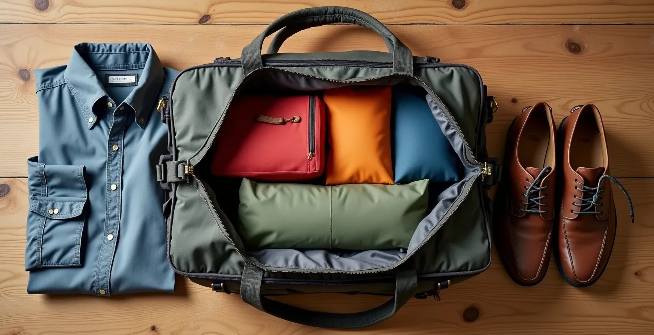 Organized packing cubes showing hiking and dining clothes separated in weekend bag
