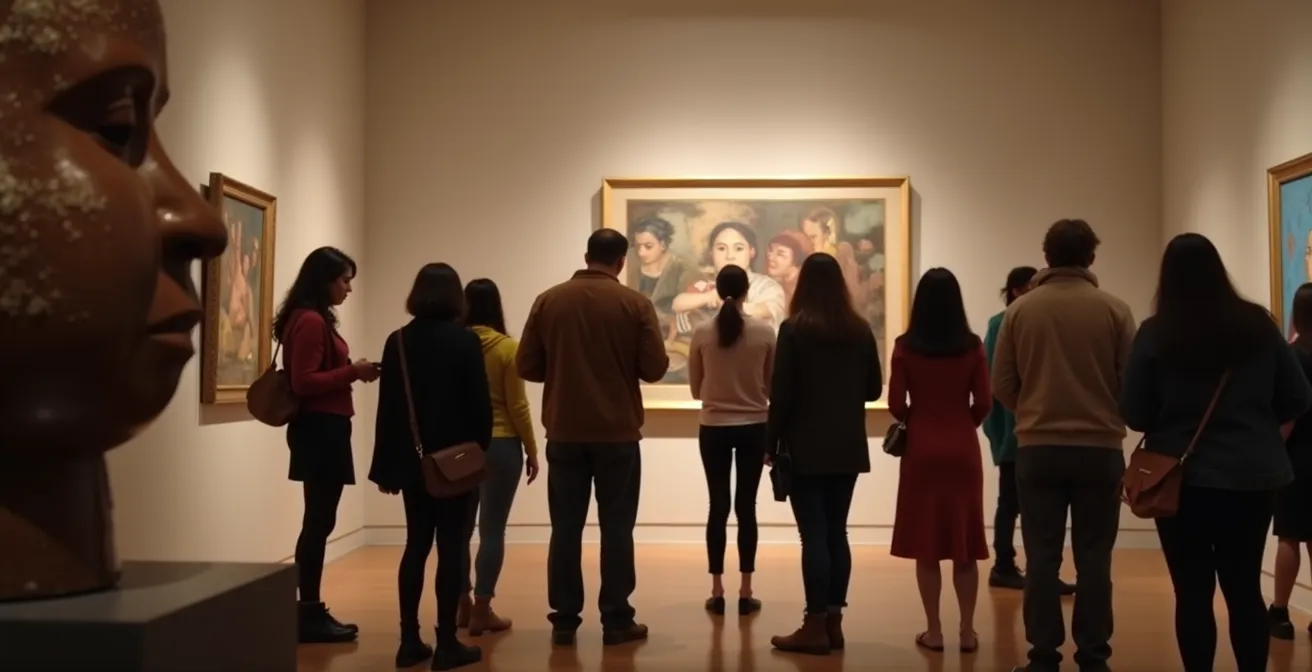 Visitors viewing Indigenous art pieces in a chronological display at the National Gallery of Canada.