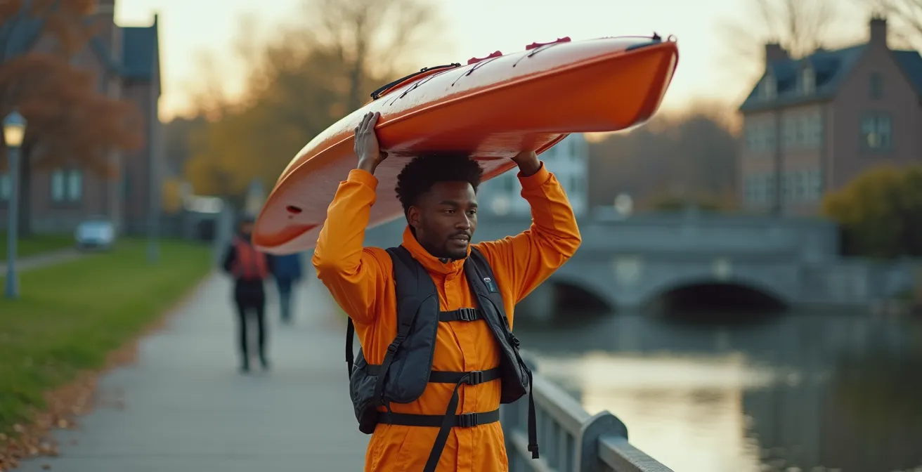 Kayaker carrying vessel along designated portage path beside Ottawa Locks with historic buildings in background