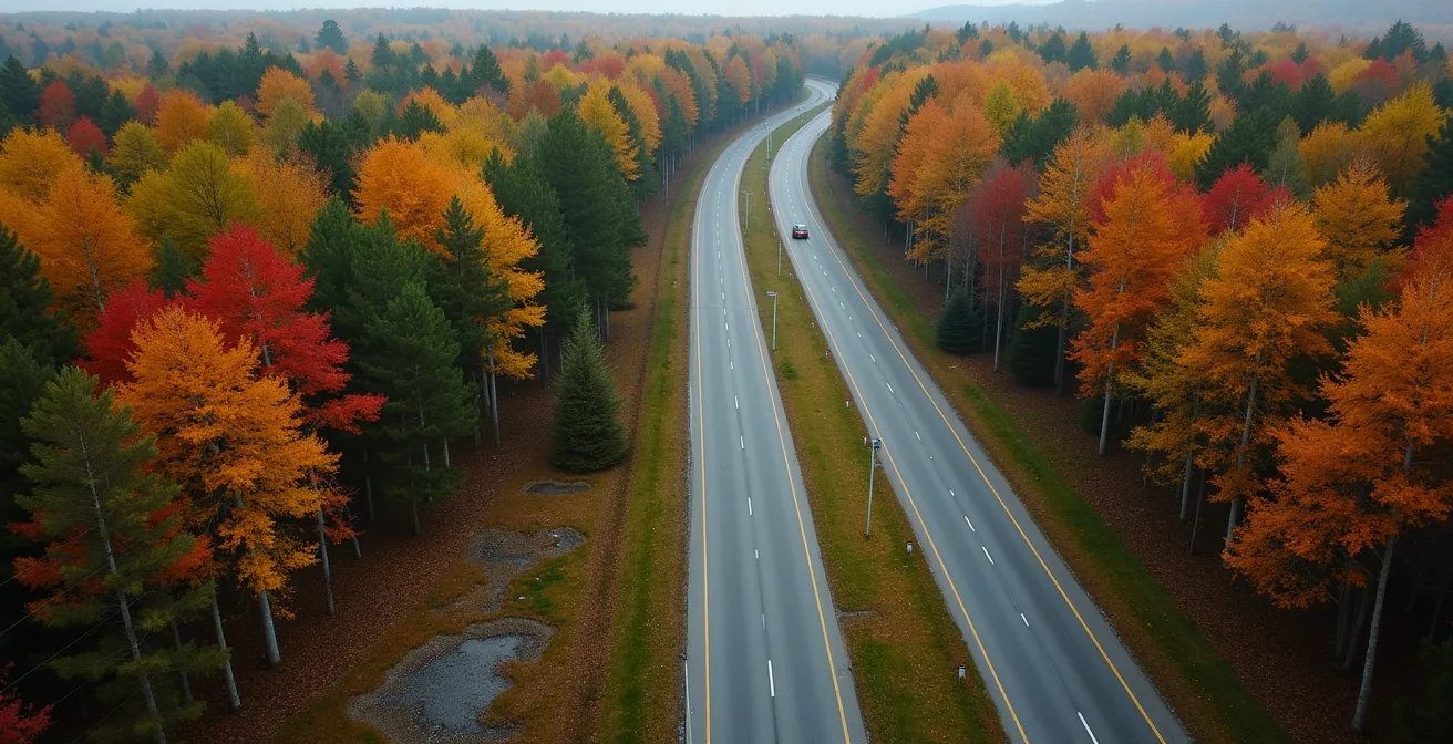 Aerial view of alternative parking areas near King Mountain trailhead in autumn