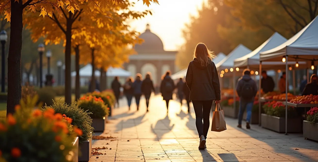 A serene, wide-angle view of the Lansdowne Farmers Market in Ottawa on an early Sunday morning.