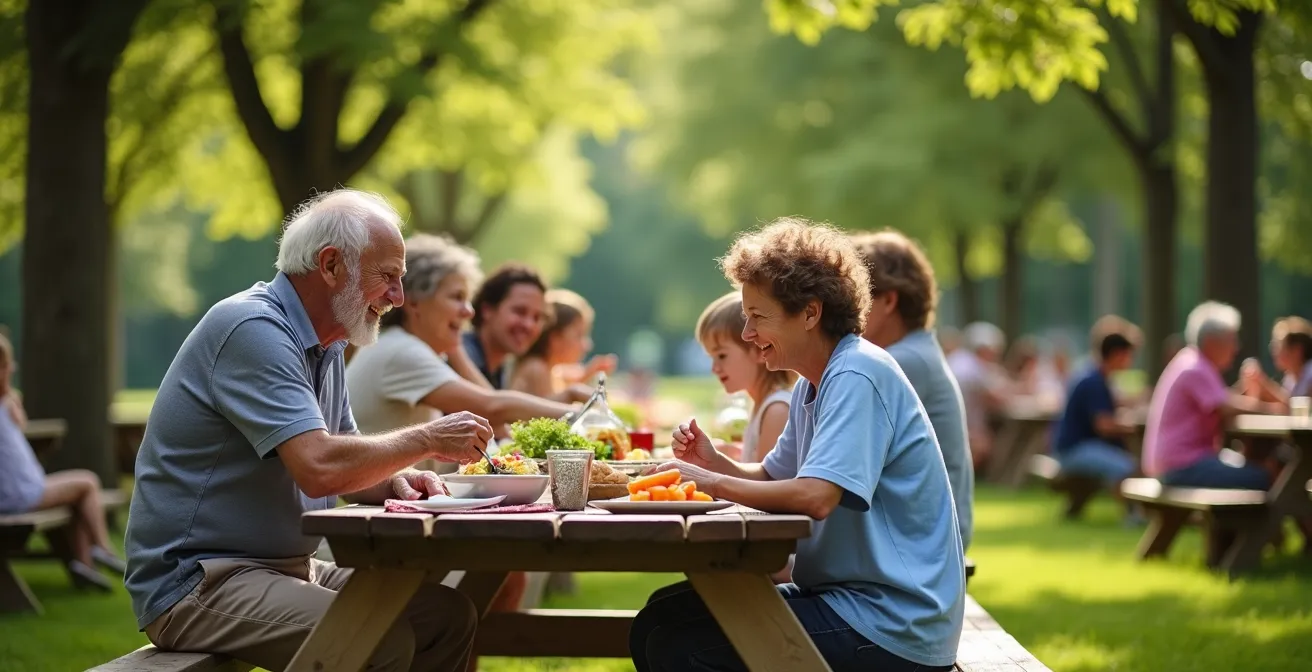 Large family gathering at a park with multiple picnic tables under shade trees