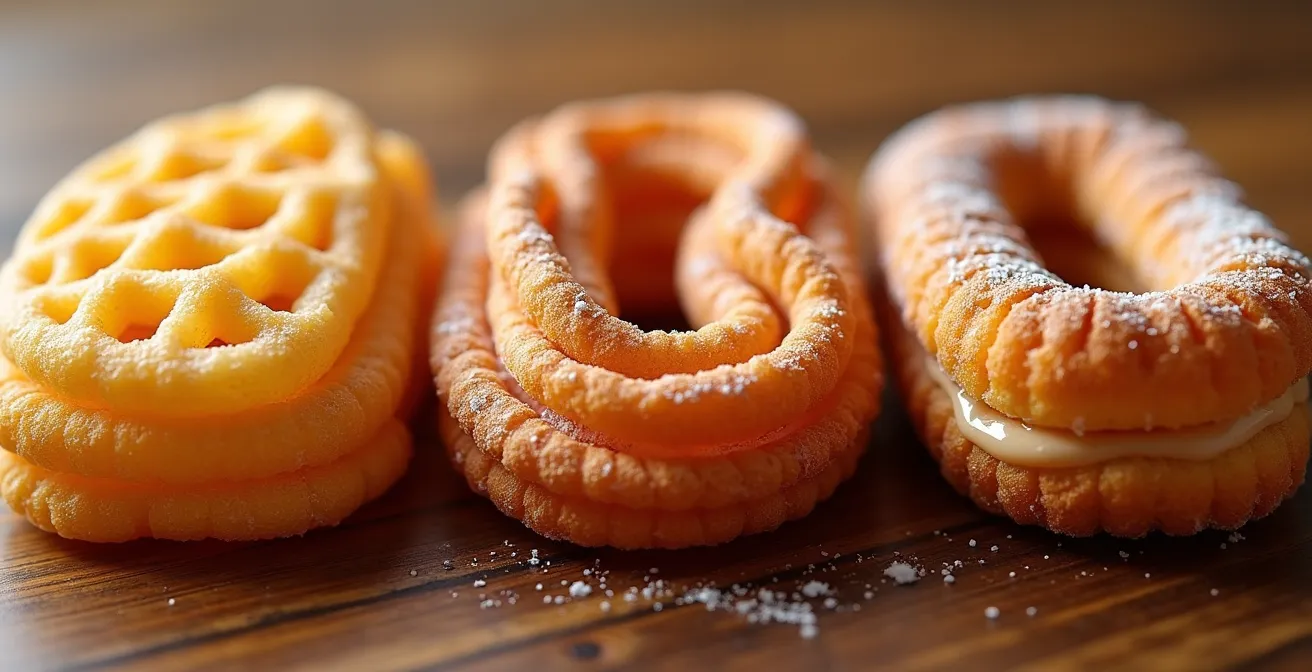 Extreme close-up comparison of three fried dough textures showing crispy ridges and golden surfaces
