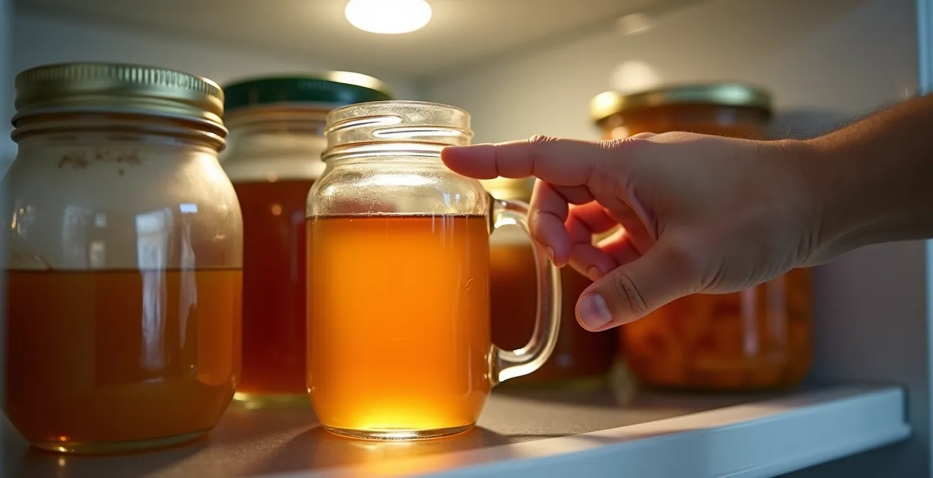 Glass jars of maple syrup properly stored in a refrigerator