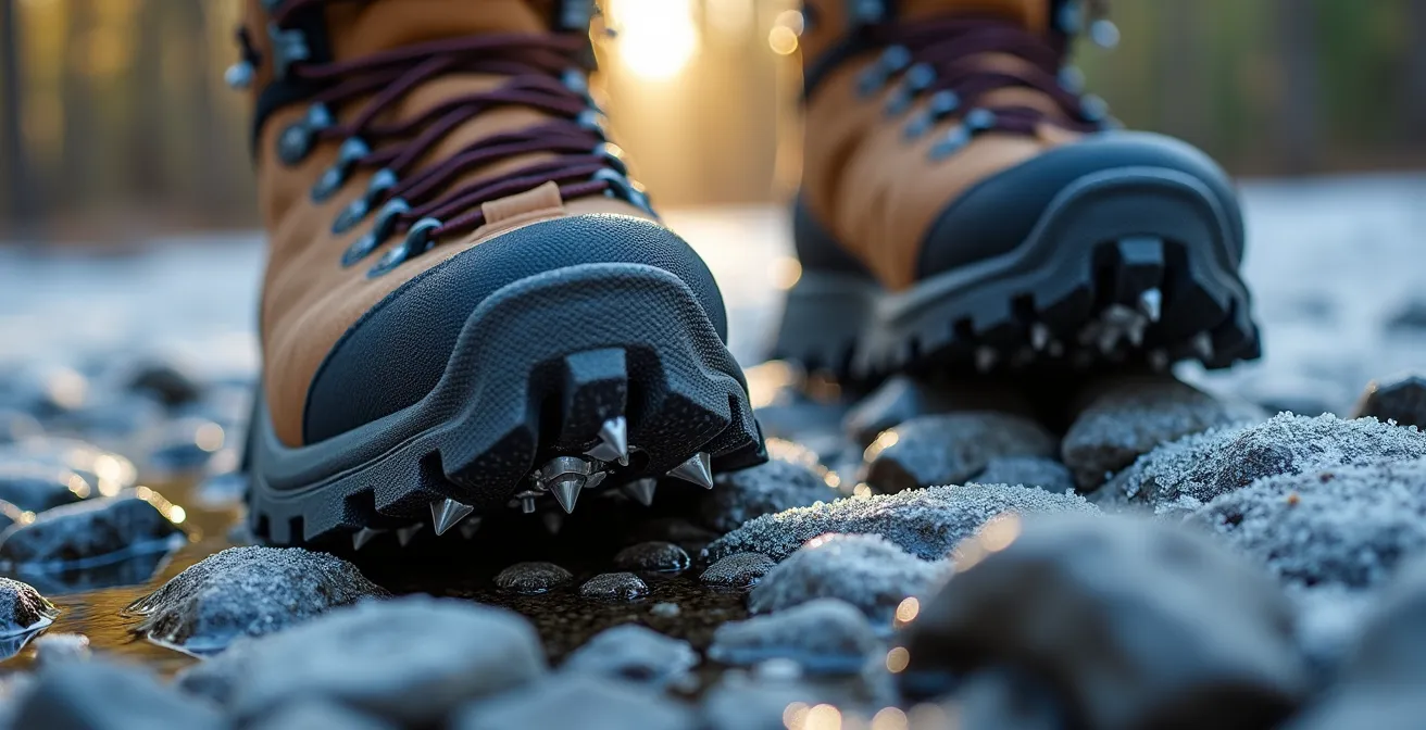 Close-up of hiking boot with micro-spikes gripping icy rock surface on trail