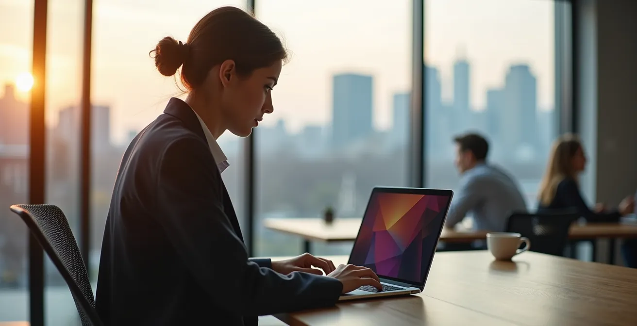 Professional working quietly in a modern coworking space with large windows overlooking Ottawa downtown