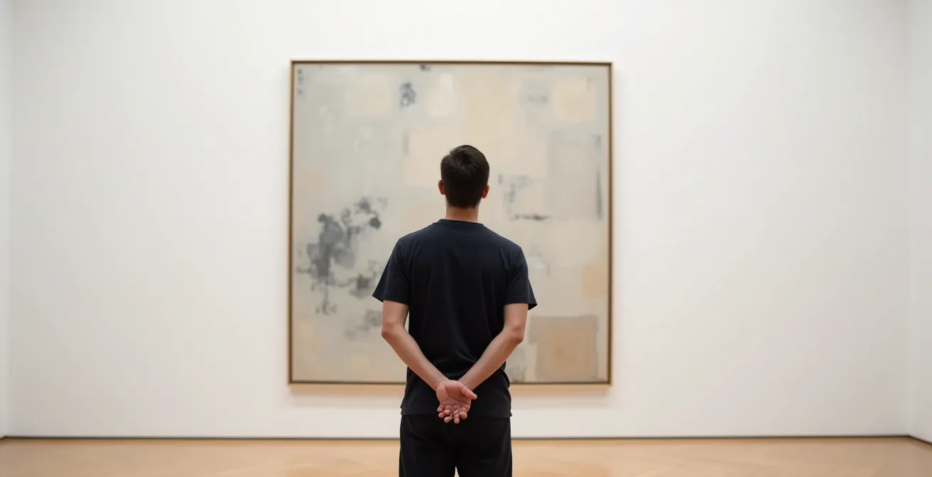 Human perspective of gallery visitor viewing art in minimalist museum space