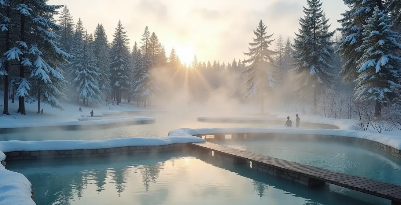 Steamy outdoor thermal pools at Nordik Spa surrounded by snow-covered evergreen trees