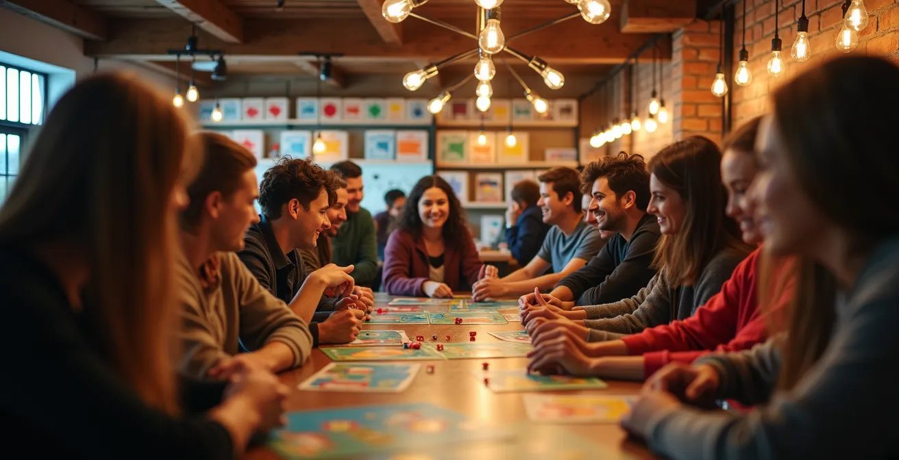 Warm interior of Ottawa board game cafe with people playing at tables under soft lighting