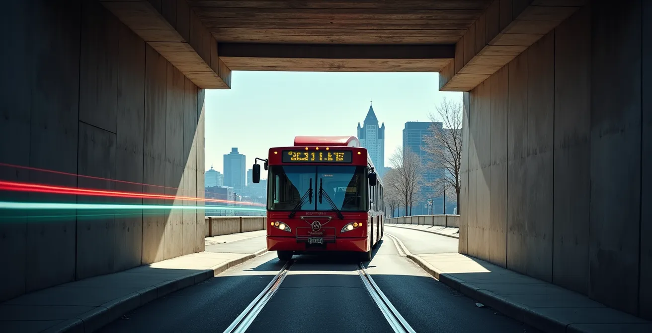 OC Transpo bus entering downtown tunnel with GPS signal visualization