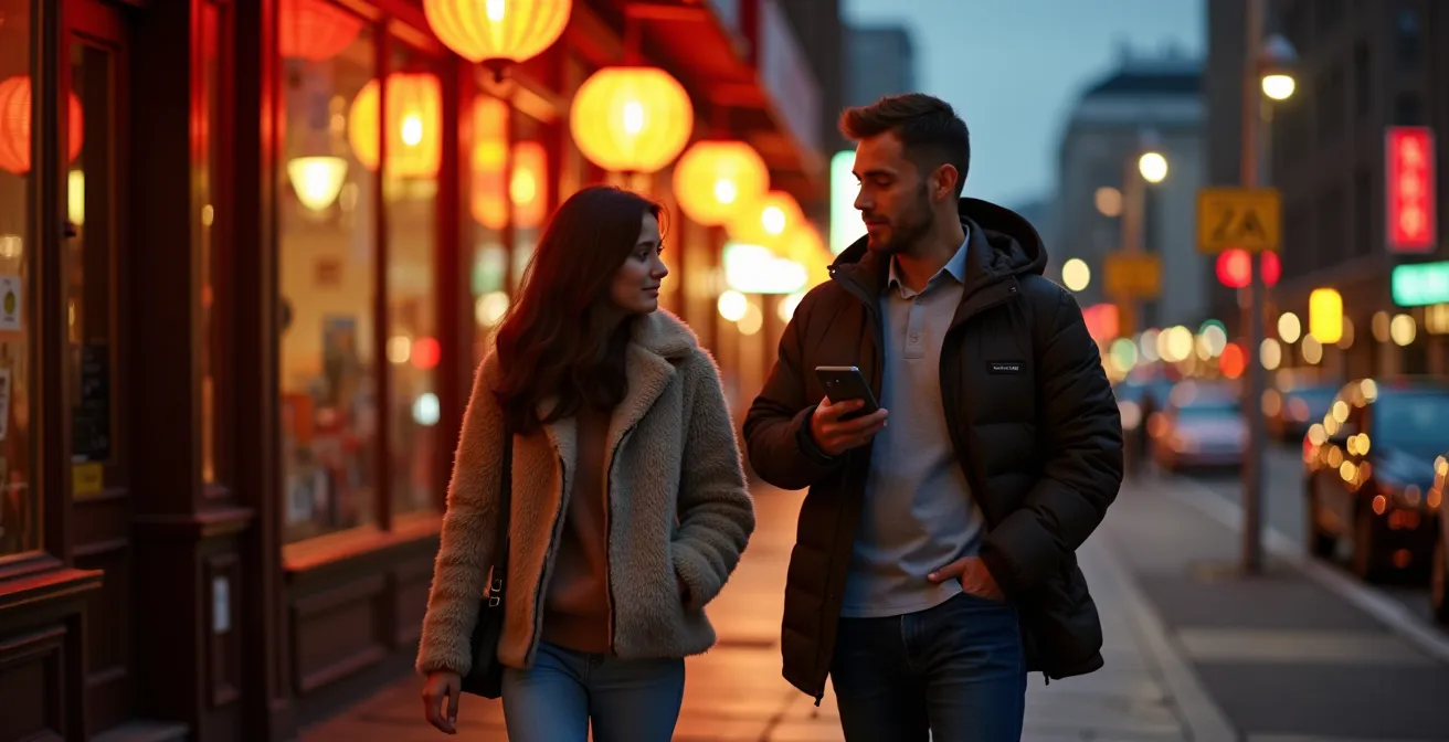 Evening street scene in Ottawa's Chinatown with atmospheric lighting and busy sidewalks