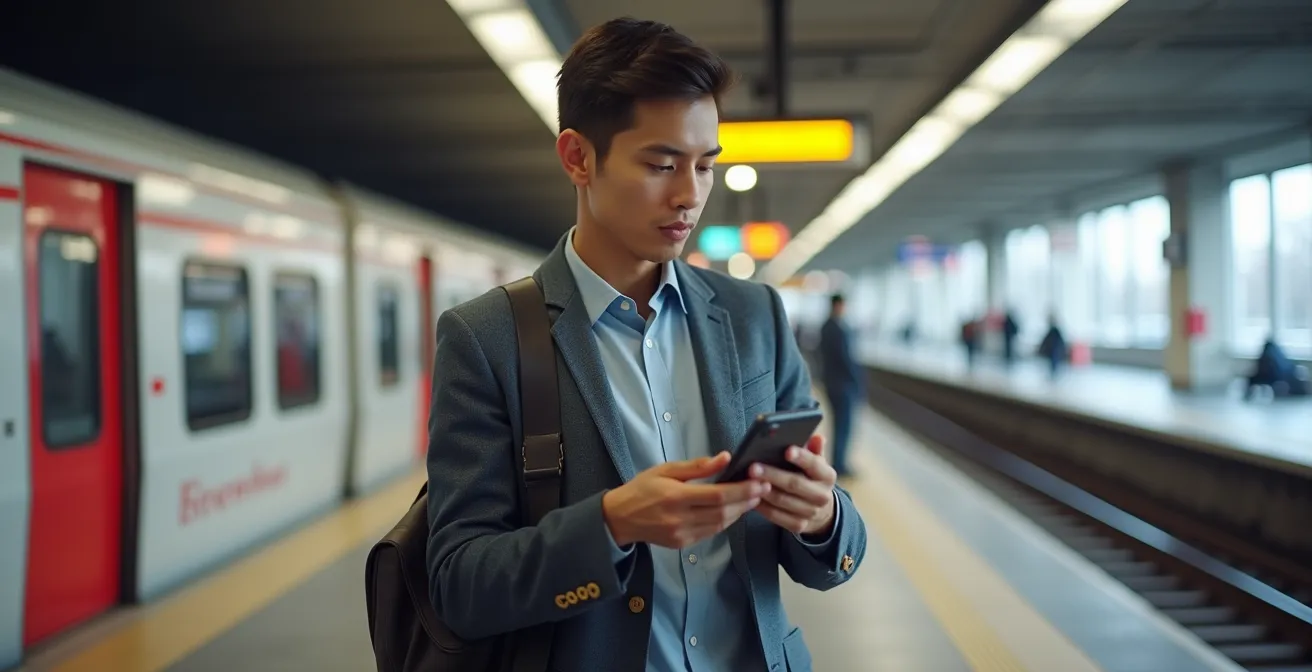 Person comparing two smartphones at an Ottawa O-Train station platform