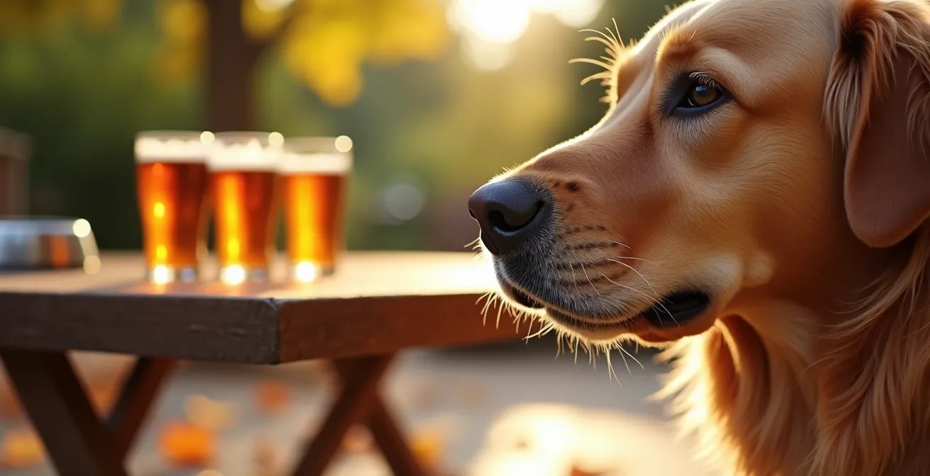 Happy dog lying beside owner's feet at sunny brewery patio with craft beer flights on wooden table