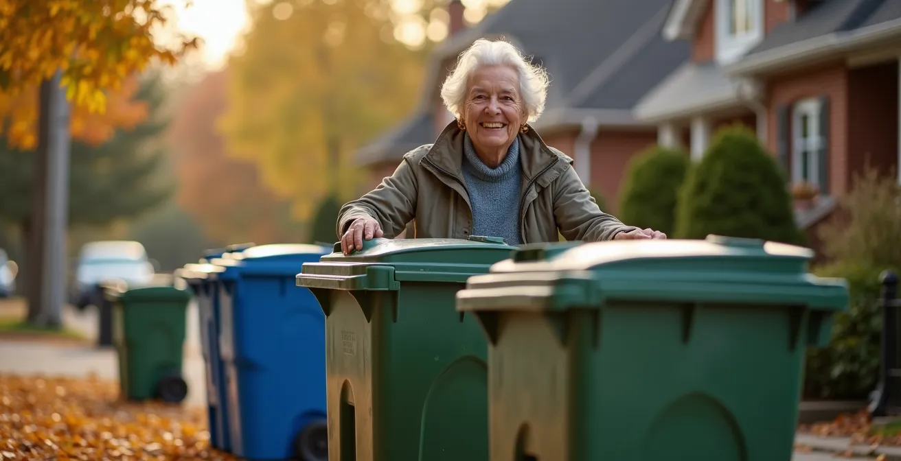 Ottawa residential street with color-coded waste bins during fall leaf collection