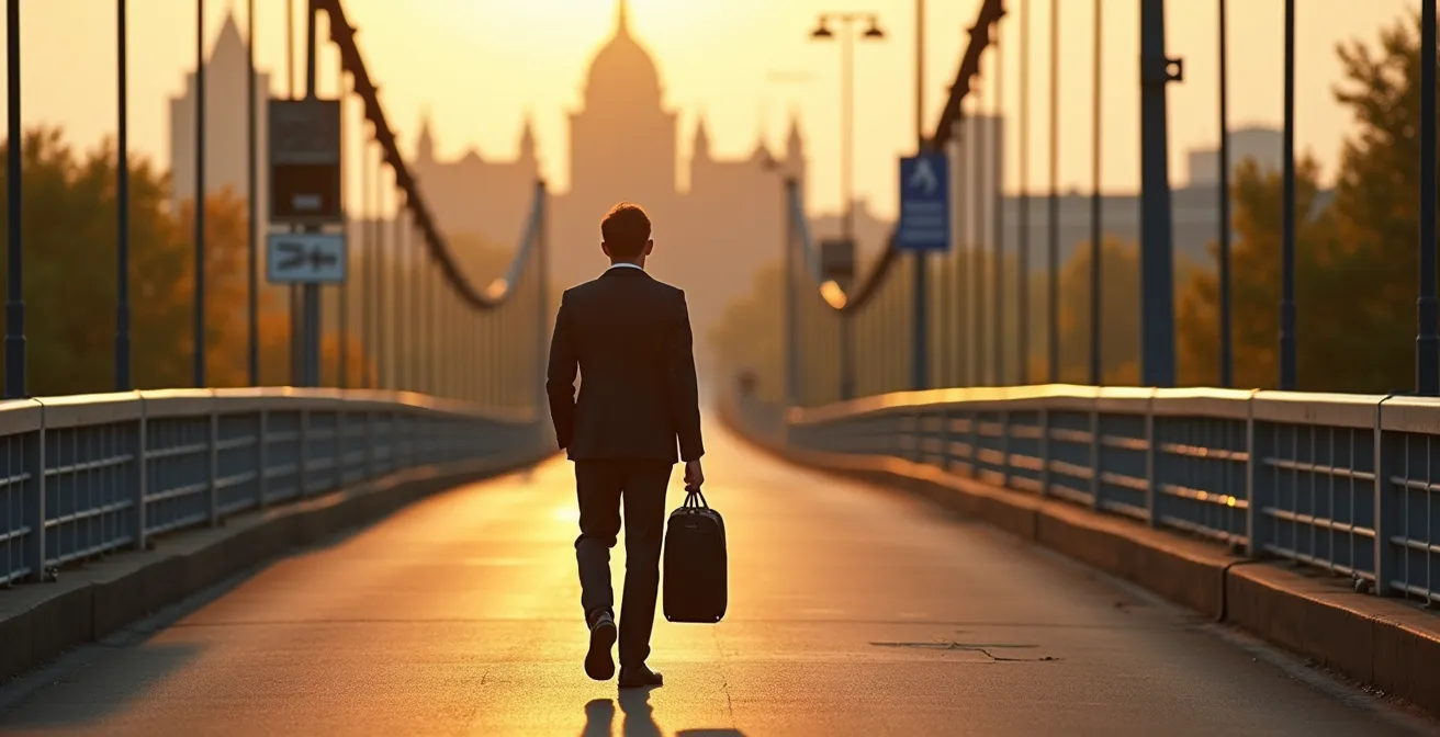 Professional crossing Alexandra Bridge from Ottawa to Gatineau with cityscape in background
