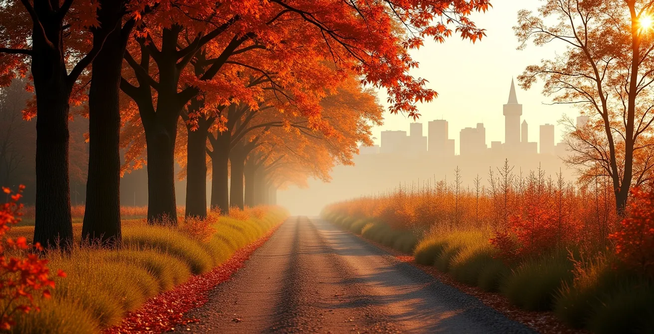 Translucent maple leaves backlit by golden hour sun with Ottawa skyline silhouette in distance
