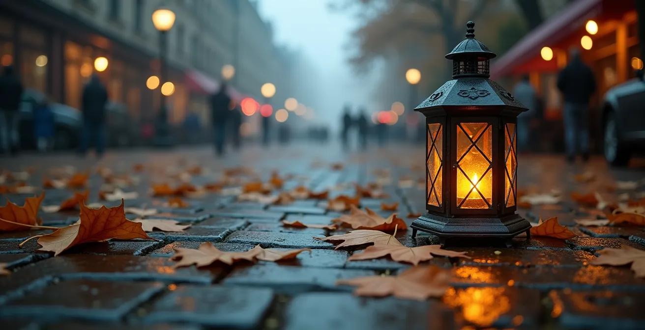 Foggy autumn evening in Ottawa's ByWard Market with lantern-lit cobblestones and falling leaves