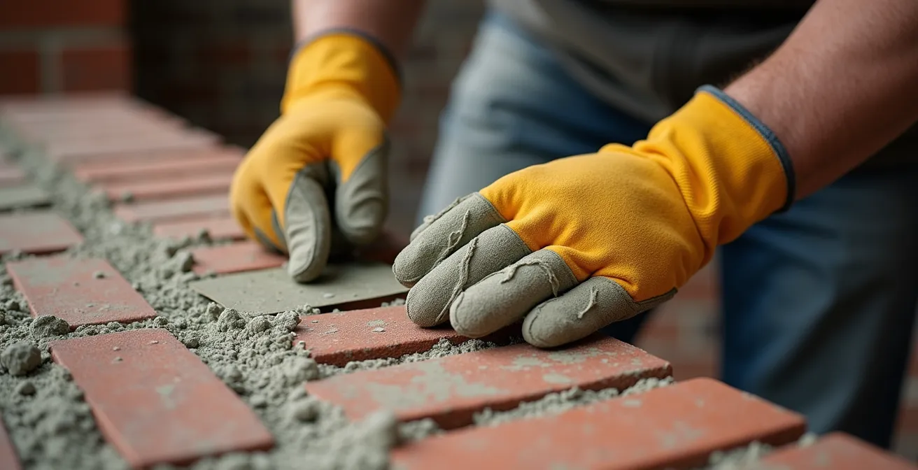 Close-up of heritage mason's hands applying lime mortar to Victorian red brick wall