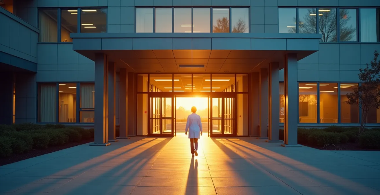 Early morning view of an Ottawa hospital emergency entrance with minimal activity, representing the best time to go.