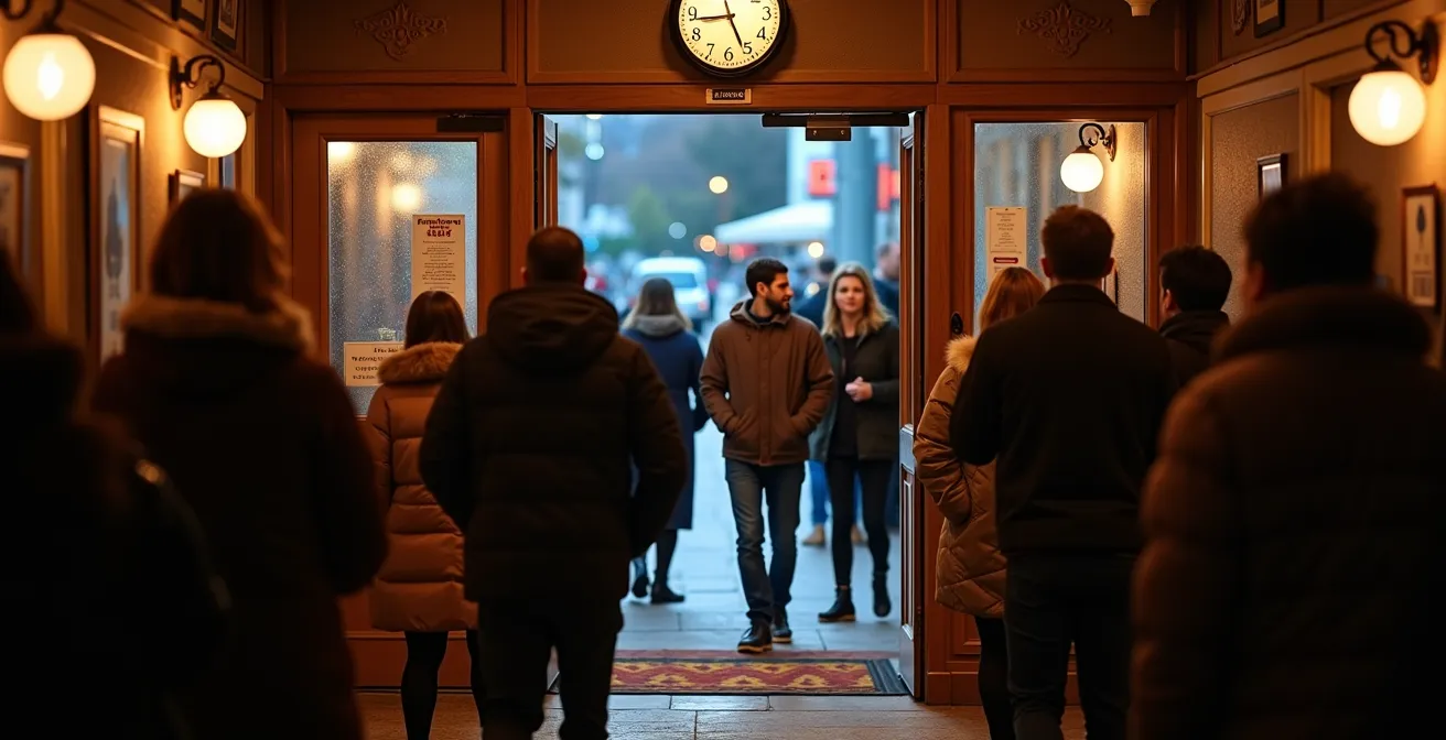 People arriving and greeting at the entrance of an Ottawa community event space during golden hour