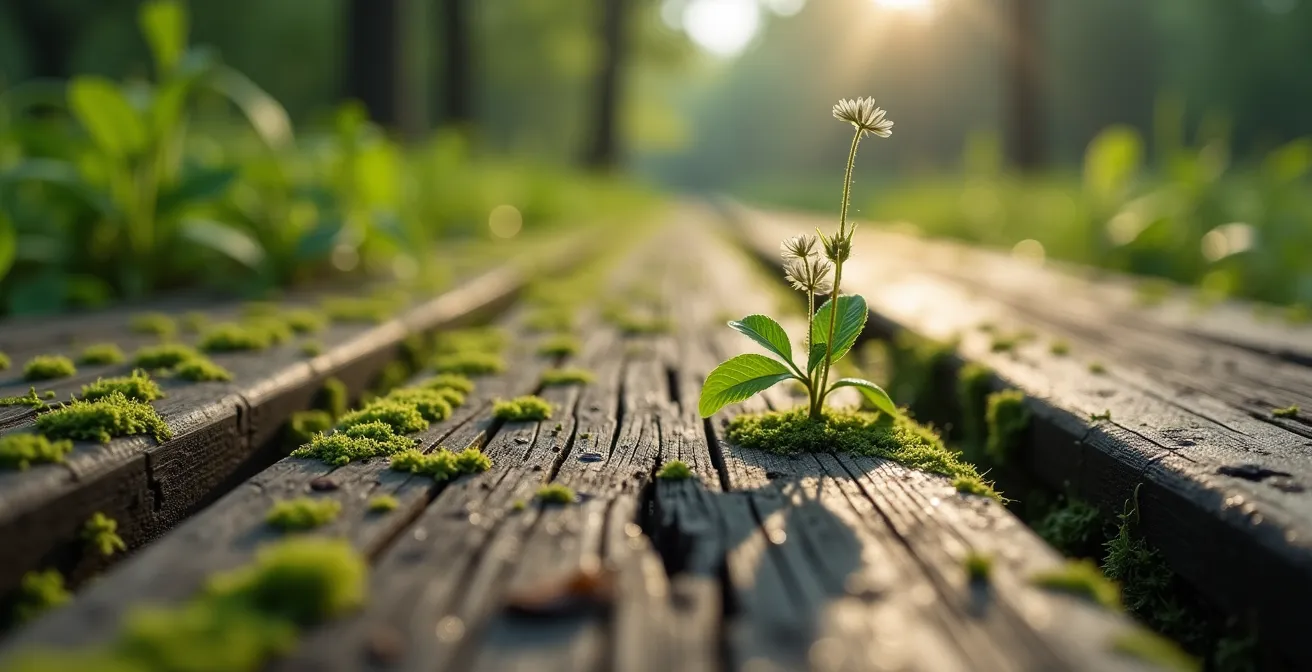 Wooden boardwalk through Mer Bleue Bog wetland ecosystem