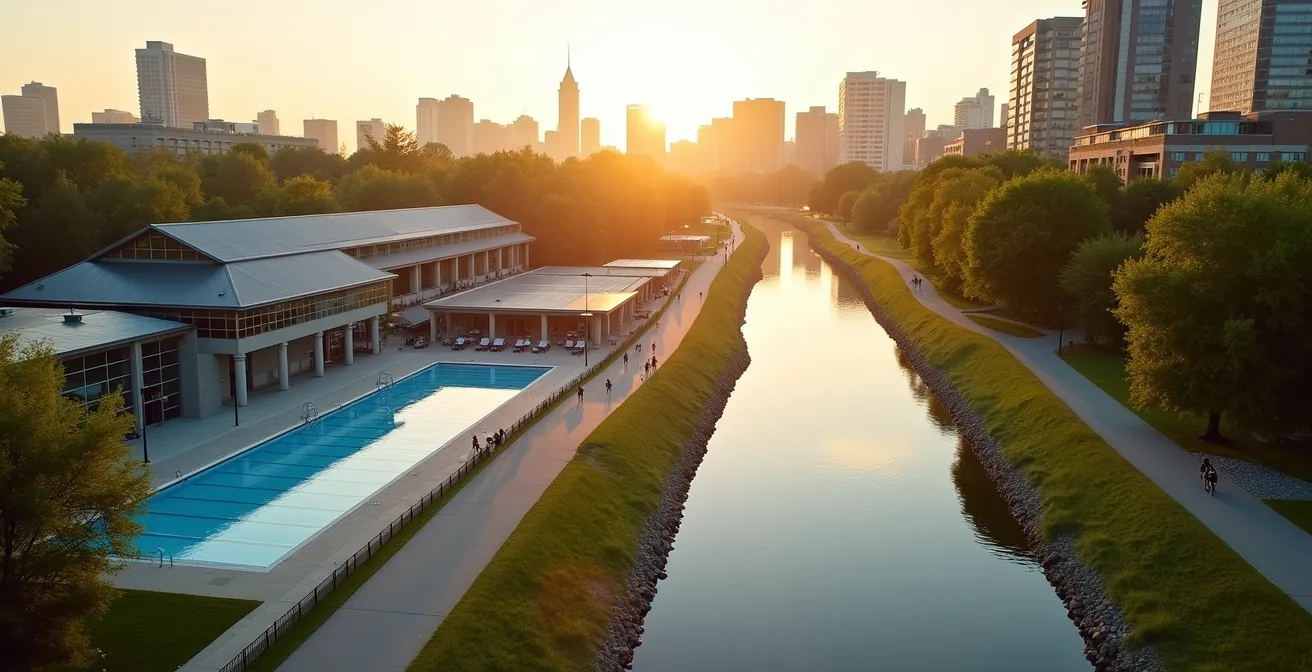 Aerial view of Ottawa showing swimming pool, bike path, and running trail connections