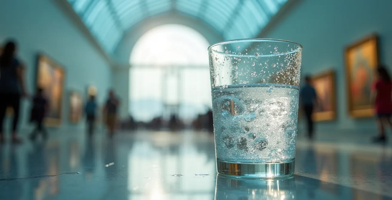 An artistic close-up of condensation on a cold glass of water, with the cool, bright interior of a museum gallery blurred in the background.