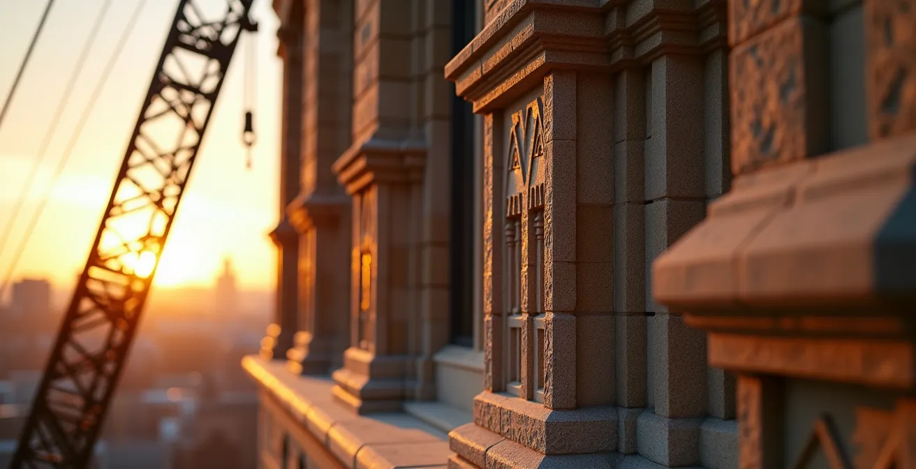 Historic East Block masonry details illuminated by golden hour light with construction cranes creating dramatic geometric frames