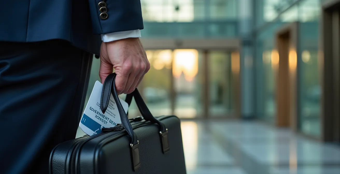 Professional walking toward modern government building in Ottawa's downtown core