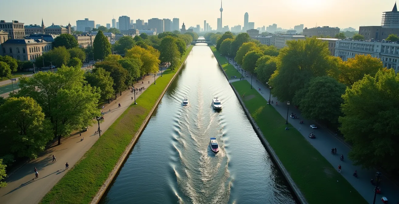 Aerial view of Rideau Canal pathway with cyclists and pedestrians