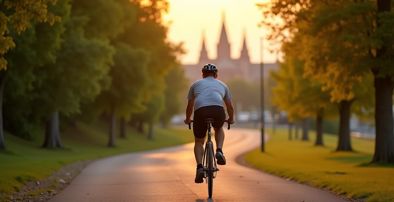 Cyclist on Ottawa River Pathway with Parliament Hill in background