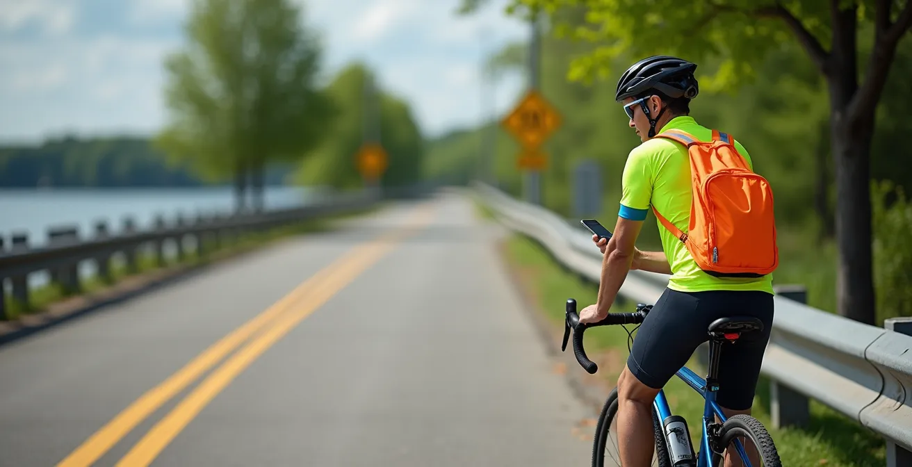 Cyclist on Ottawa River Pathway with Petrie Island causeway visible in distance
