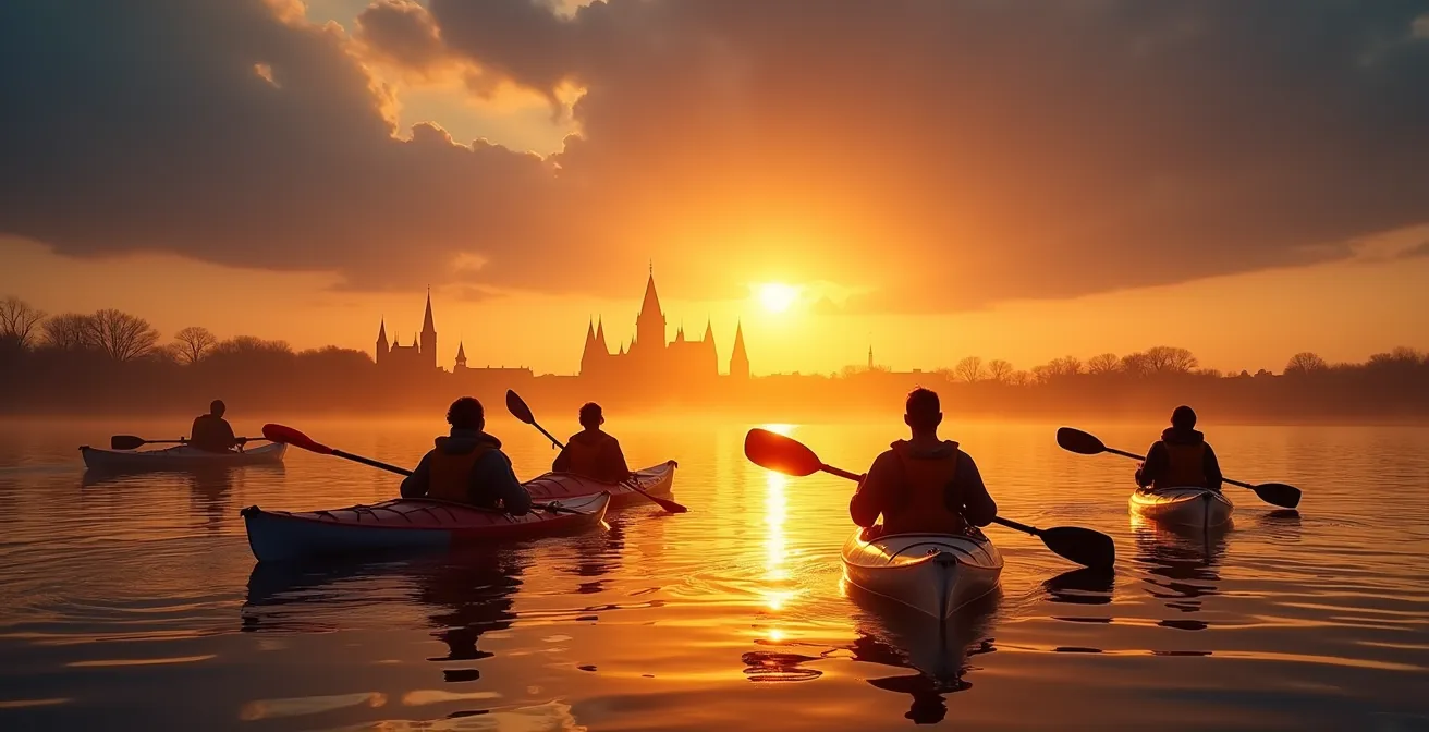 Silhouette of kayakers on Ottawa River during sunset with Parliament Hill illuminated in golden light