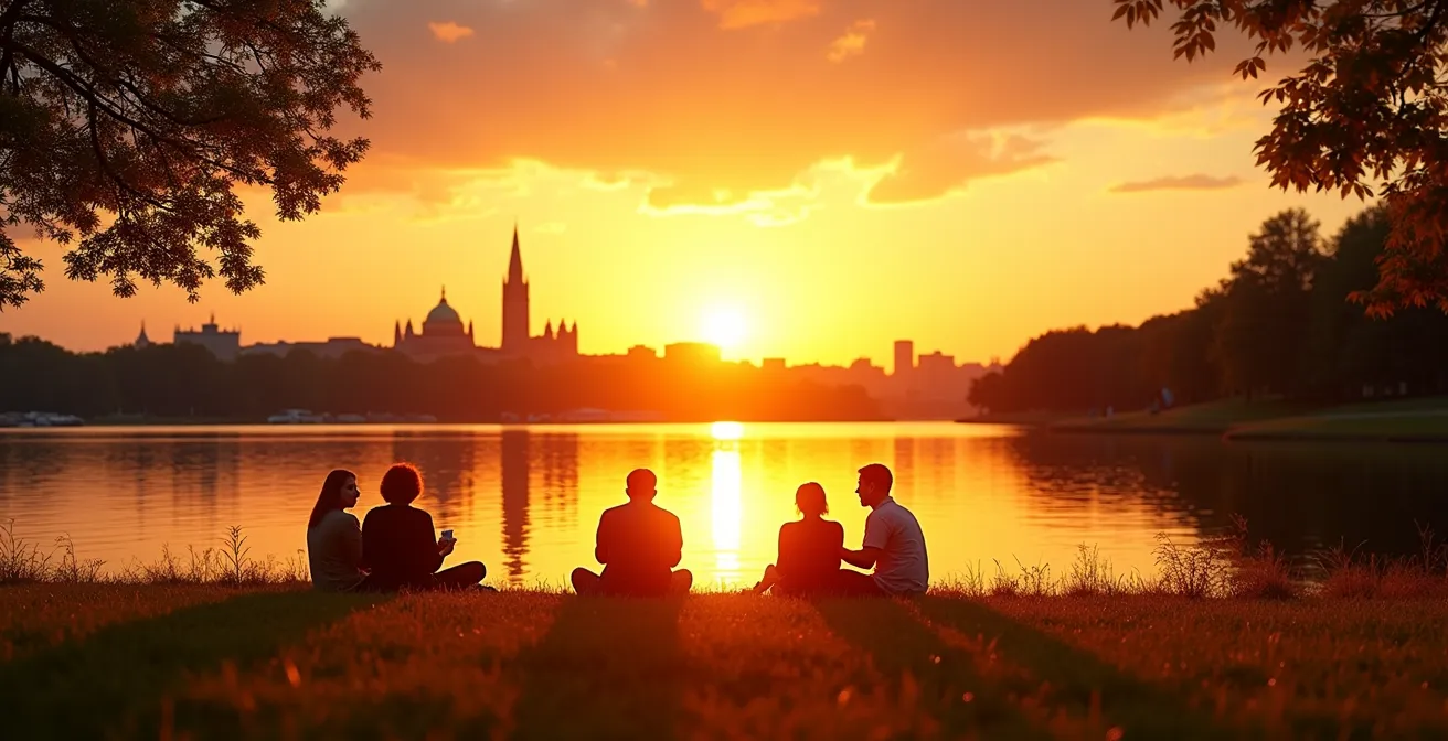 Split view comparing Nepean Point Parliament views and Dows Lake water reflections at golden hour